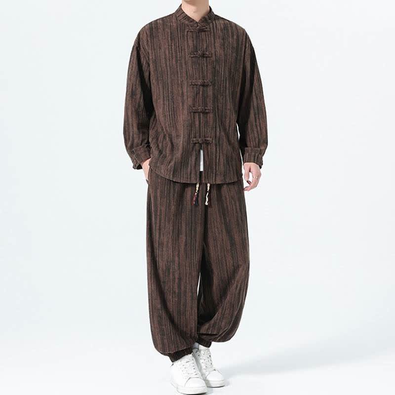Buddha Stones 2Pcs Fall Winter Tang Style Mandarin Collar Striped Corduroy Shirt Pants Men's Meditation Cloth - image 22