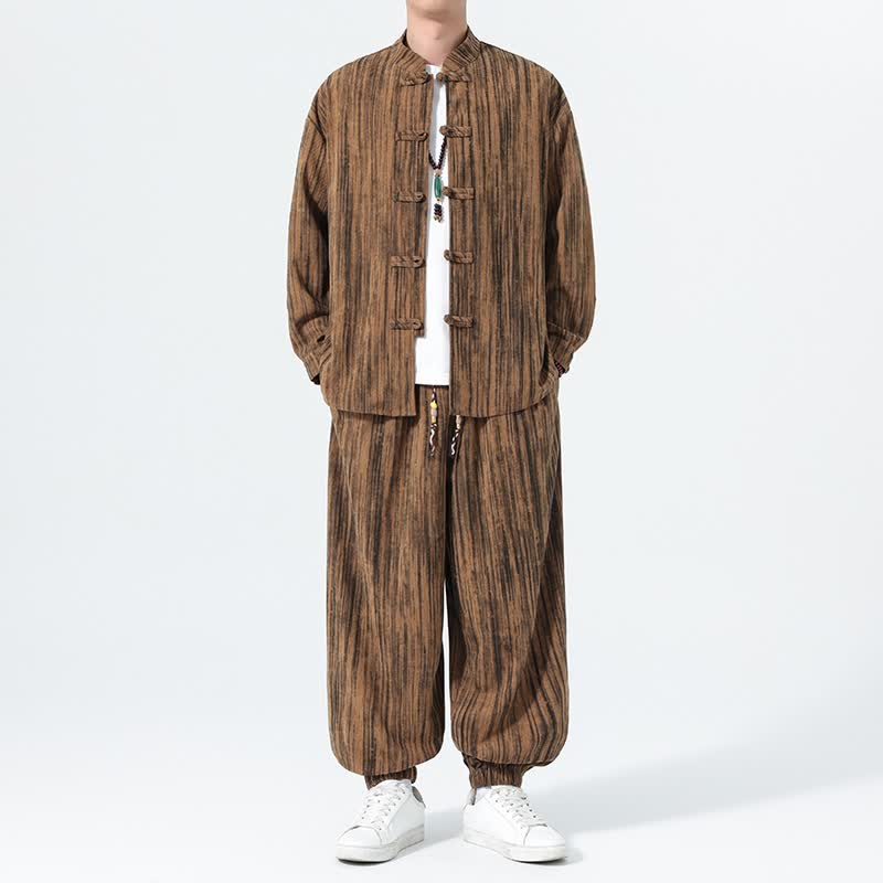 Buddha Stones 2Pcs Fall Winter Tang Style Mandarin Collar Striped Corduroy Shirt Pants Men's Meditation Cloth - image 1