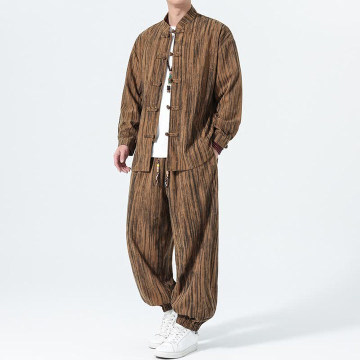 Buddha Stones 2Pcs Fall Winter Tang Style Mandarin Collar Striped Corduroy Shirt Pants Men's Meditation Cloth - image 3