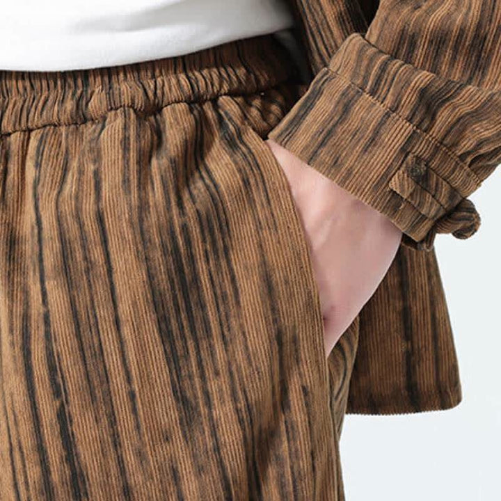 Buddha Stones 2Pcs Fall Winter Tang Style Mandarin Collar Striped Corduroy Shirt Pants Men's Meditation Cloth - image 8