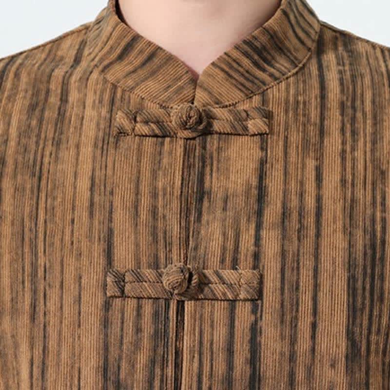 Buddha Stones 2Pcs Fall Winter Tang Style Mandarin Collar Striped Corduroy Shirt Pants Men's Meditation Cloth - image 6