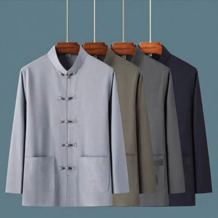 Buddha Stones 2Pcs Spring Fall Tang Style Casual Mandarin Collar Frog Button Solid Shirt Pants Men's Meditation Cloth With Pockets - image 13
