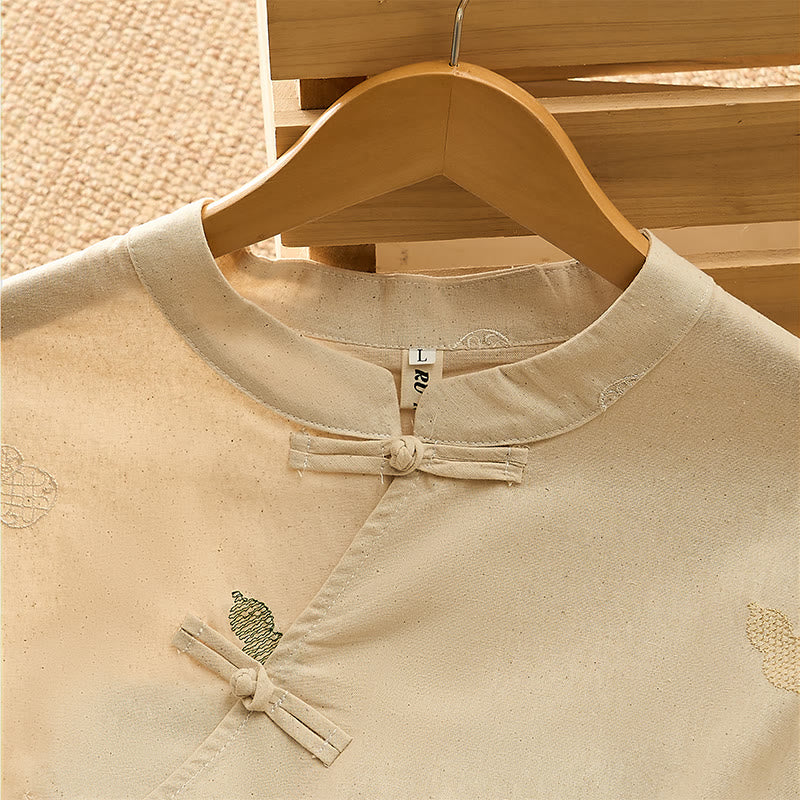 Buddha Stones Summer Tang Style Mandarin Collar Frog Button Gourd Embroidery Women's Short Sleeve Shirts - image 13