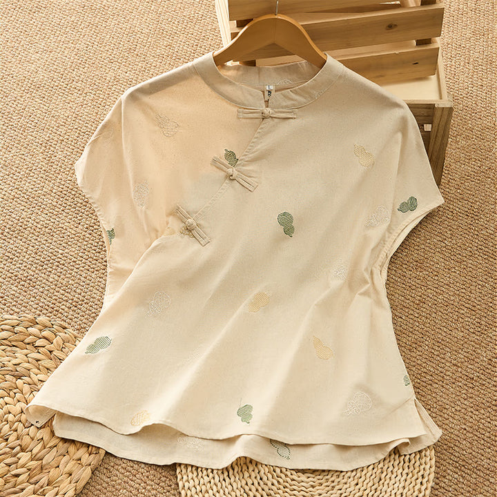 Buddha Stones Summer Tang Style Mandarin Collar Frog Button Gourd Embroidery Women's Short Sleeve Shirts - Linen - US12, UK/AU16, EU44 (2XL) - image 12