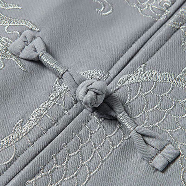 Buddha Stones Spring 2Pcs Fall Tang Style Mandarin Collar Frog Button Embroidery Dragon Shirt Pants Men's Meditation Cloth With Pockets - image 5