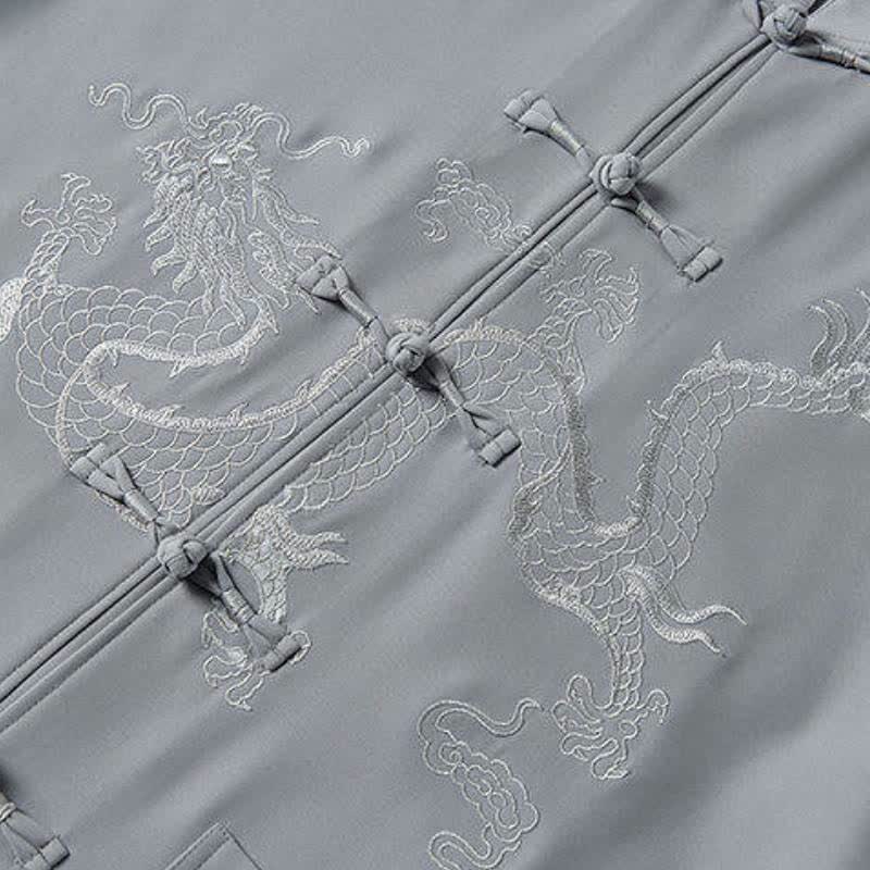 Buddha Stones Spring 2Pcs Fall Tang Style Mandarin Collar Frog Button Embroidery Dragon Shirt Pants Men's Meditation Cloth With Pockets - image 4
