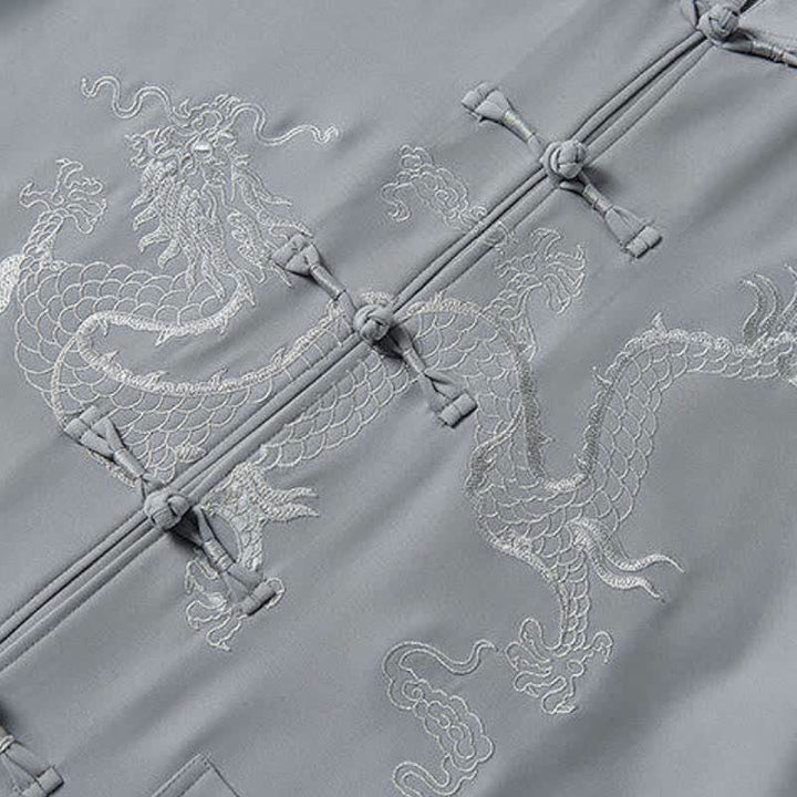 Buddha Stones Spring 2Pcs Fall Tang Style Mandarin Collar Frog Button Embroidery Dragon Shirt Pants Men's Meditation Cloth With Pockets - image 4