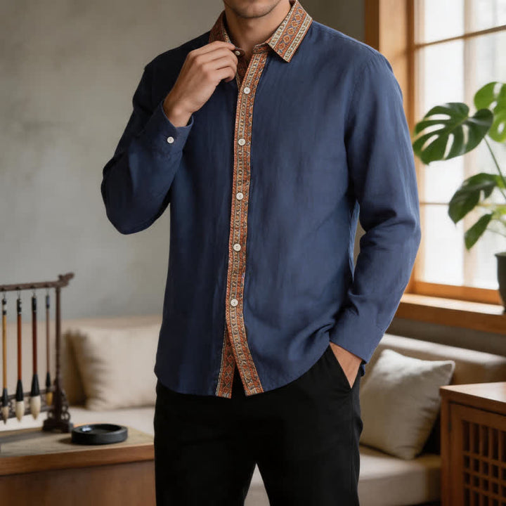 Buddha Stones Spring Fall Casual Vintage Button-Up Geometric Men's Long Sleeve Shirts - MidnightBlue - US/UK/AU42, EU52 (3XL) - image 0