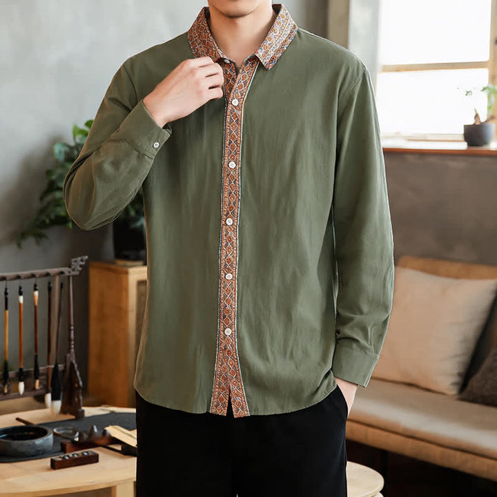 Buddha Stones Spring Fall Casual Vintage Button-Up Geometric Men's Long Sleeve Shirts - DarkOliveGreen - US/UK/AU42, EU52 (3XL) - image 11