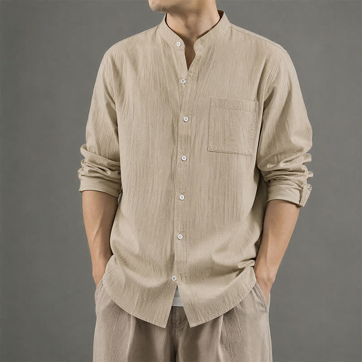 Buddha Stones Spring Fall Casual Tang Style Mandarin Collar Solid Men's Long Sleeve Shirts With Patch Pocket - image 11