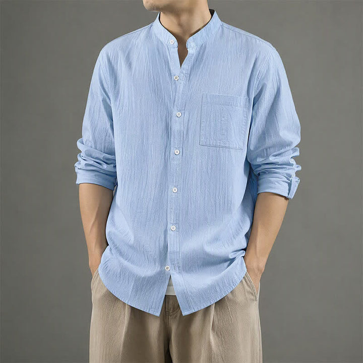 Buddha Stones Spring Fall Casual Tang Style Mandarin Collar Solid Men's Long Sleeve Shirts With Patch Pocket - image 1