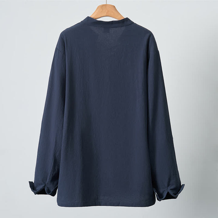 Buddha Stones Spring Fall Casual Tang Style Drawstring Solid Cotton Linen Men's Long Sleeve Shirts - image 3