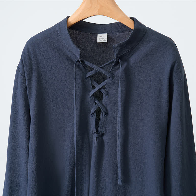 Buddha Stones Spring Fall Casual Tang Style Drawstring Solid Cotton Linen Men's Long Sleeve Shirts - image 4