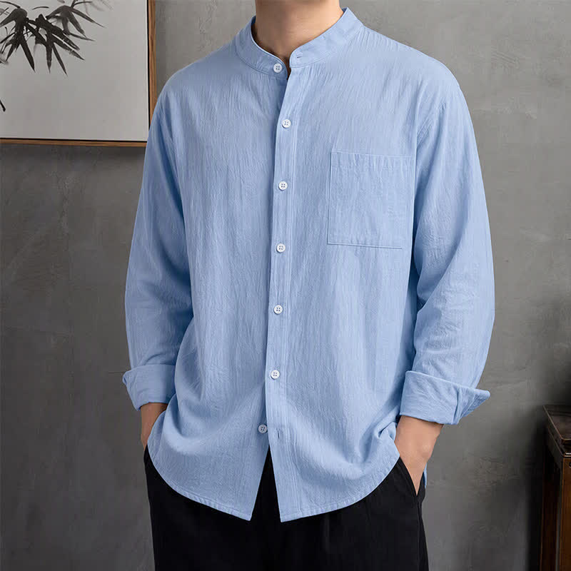 Buddha Stones Spring Fall Casual Tang Style Mandarin Collar Solid Men's Long Sleeve Shirts With Patch Pocket - PowderBlue - US/UK/AU42, EU52 (3XL) - image 0