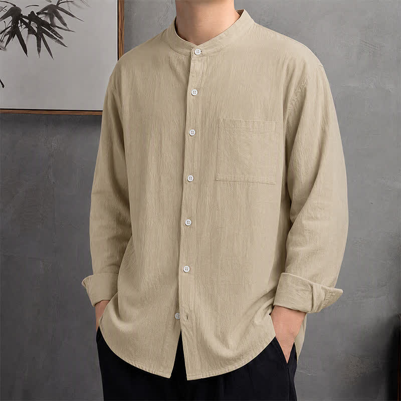 Buddha Stones Spring Fall Casual Tang Style Mandarin Collar Solid Men's Long Sleeve Shirts With Patch Pocket - Khaki - US/UK/AU42, EU52 (3XL) - image 10