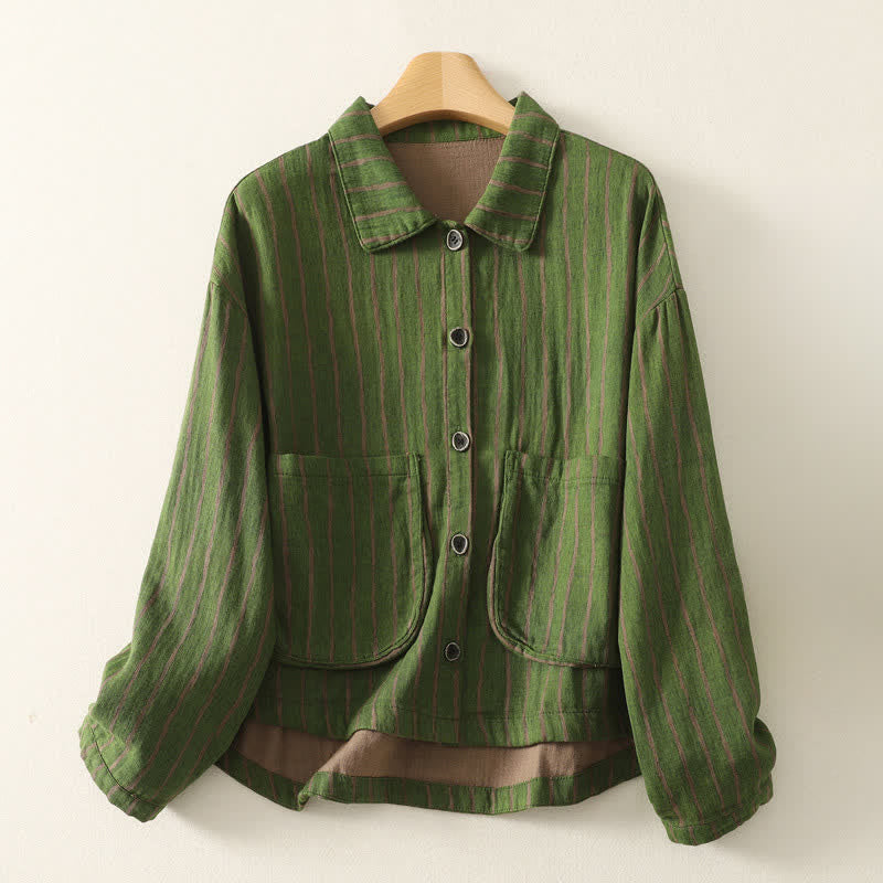 Buddha Stones Fall Casual Vintage Button-Up Striped Women's Jacket With Pockets - DarkSeaGreen - US4-12, UK/AU8-16, EU36-44 (F) - image 6