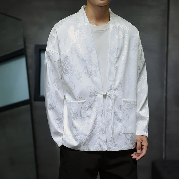 Buddha Stones Fall Tang Style Vintage Drawstring Dragon Jacquard Men's Kimono With Pocket - image 11