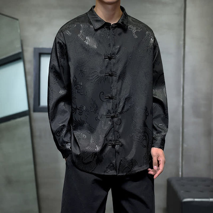 Buddha Stones Fall Tang Style Vintage Frog Button Dragon Jacquard Men's Long Sleeve Shirts - Black - US/UK/AU46, EU56 (5XL) - image 0