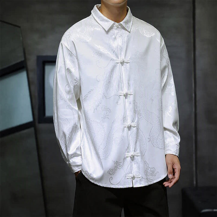 Buddha Stones Fall Tang Style Vintage Frog Button Dragon Jacquard Men's Long Sleeve Shirts - image 10