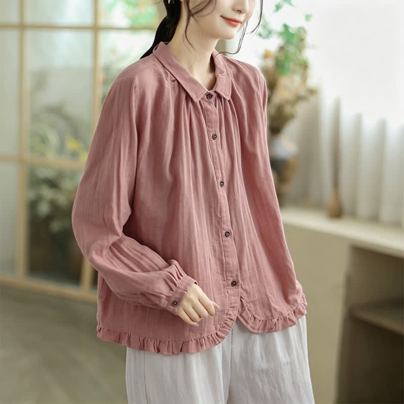 Buddha Stones Spring Fall Minimalist Simple Button-Up Solid Women's Long Sleeve Shirts - image 9
