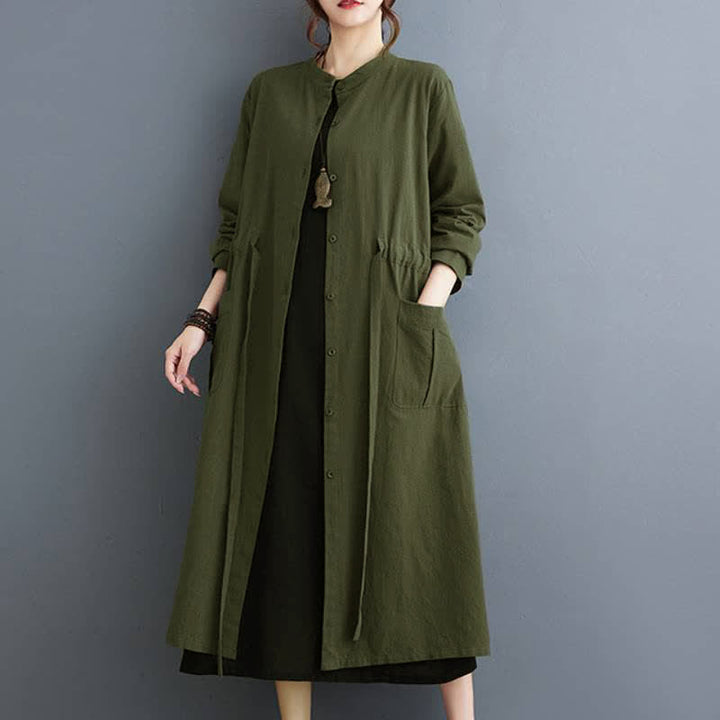 Buddha Stones Fall Casual Vintage Mandarin Collar Button-Up Solid Lace-up Women's Long Sleeve Dress With Pockets - image 1