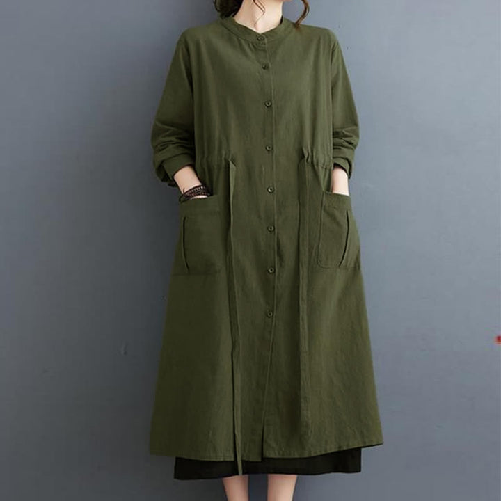 Buddha Stones Fall Casual Vintage Mandarin Collar Button-Up Solid Lace-up Women's Long Sleeve Dress With Pockets - image 3