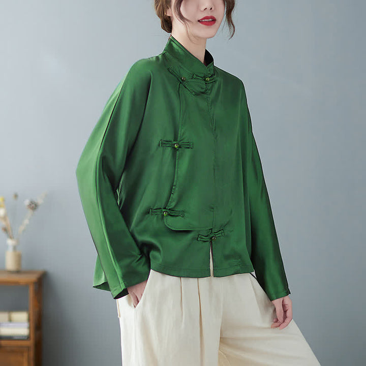 Buddha Stones Spring Elegant Tang Style Frog Button Solid Green Women's Long Sleeve Shirts - ForestGreen - US12, UK/AU16, EU44 (2XL) - image 0