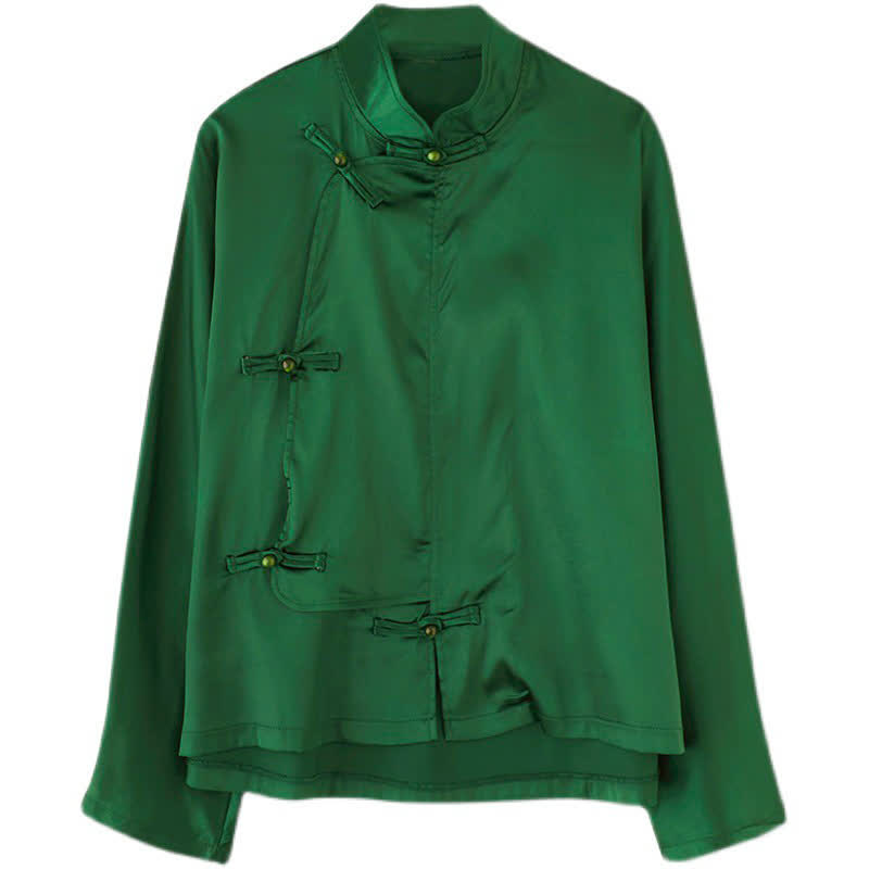 Buddha Stones Spring Elegant Tang Style Frog Button Solid Green Women's Long Sleeve Shirts - image 4