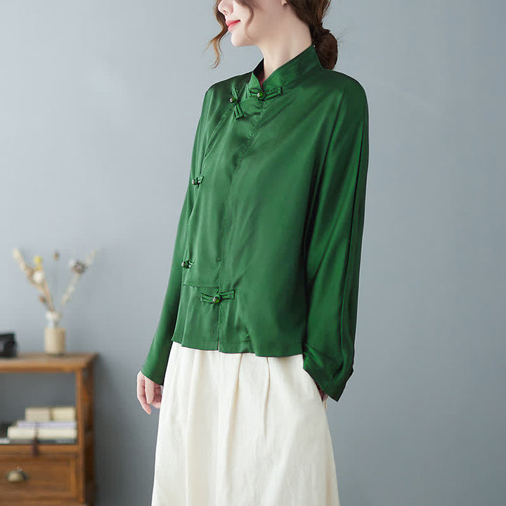 Buddha Stones Spring Elegant Tang Style Frog Button Solid Green Women's Long Sleeve Shirts - image 3