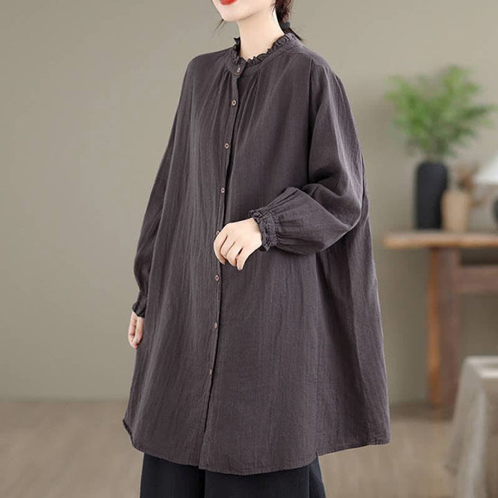 Buddha Stones Spring Fall Casual Vintage Button-Up Solid Tunic Women's Long Sleeve Shirts With Pocket - image 25