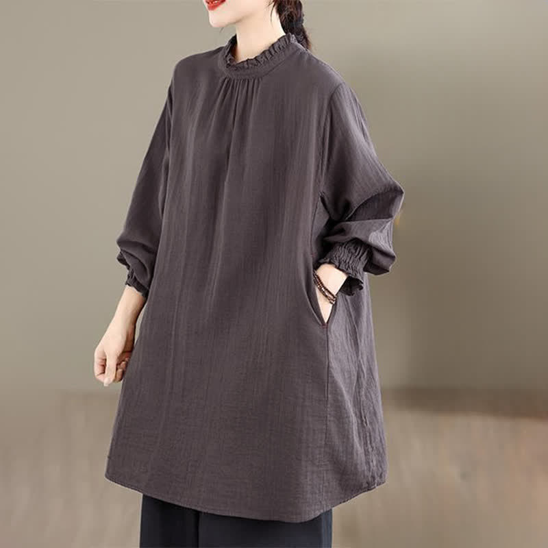 Buddha Stones Spring Fall Casual Vintage Button-Up Solid Tunic Women's Long Sleeve Shirts With Pocket - image 21