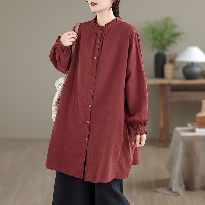 Buddha Stones Spring Fall Casual Vintage Button-Up Solid Tunic Women's Long Sleeve Shirts With Pocket - image 5