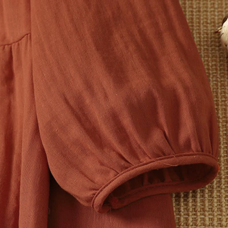 Buddha Stones Fall Vintage Boho Solid V-Neck Women's Long Sleeve Dress With Pocket - image 5