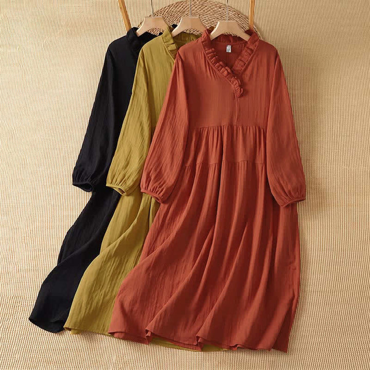 Buddha Stones Fall Vintage Boho Solid V-Neck Women's Long Sleeve Dress With Pocket - image 14