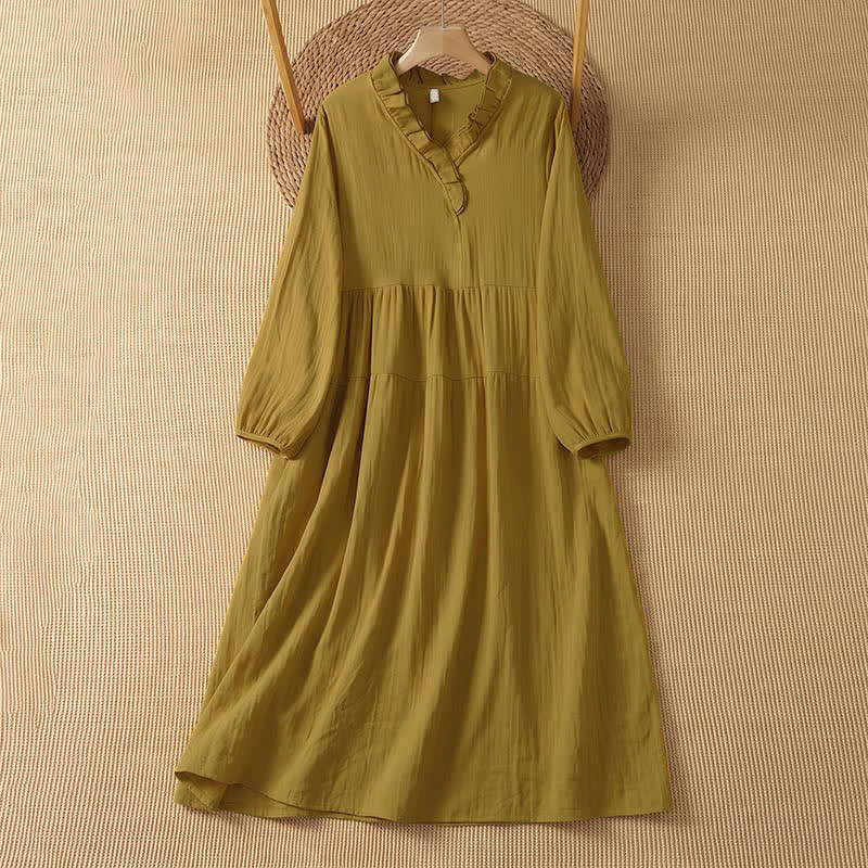 Buddha Stones Fall Vintage Boho Solid V-Neck Women's Long Sleeve Dress With Pocket - DarkKhaki - US14, UK/AU18, EU46 (2XL) - image 8