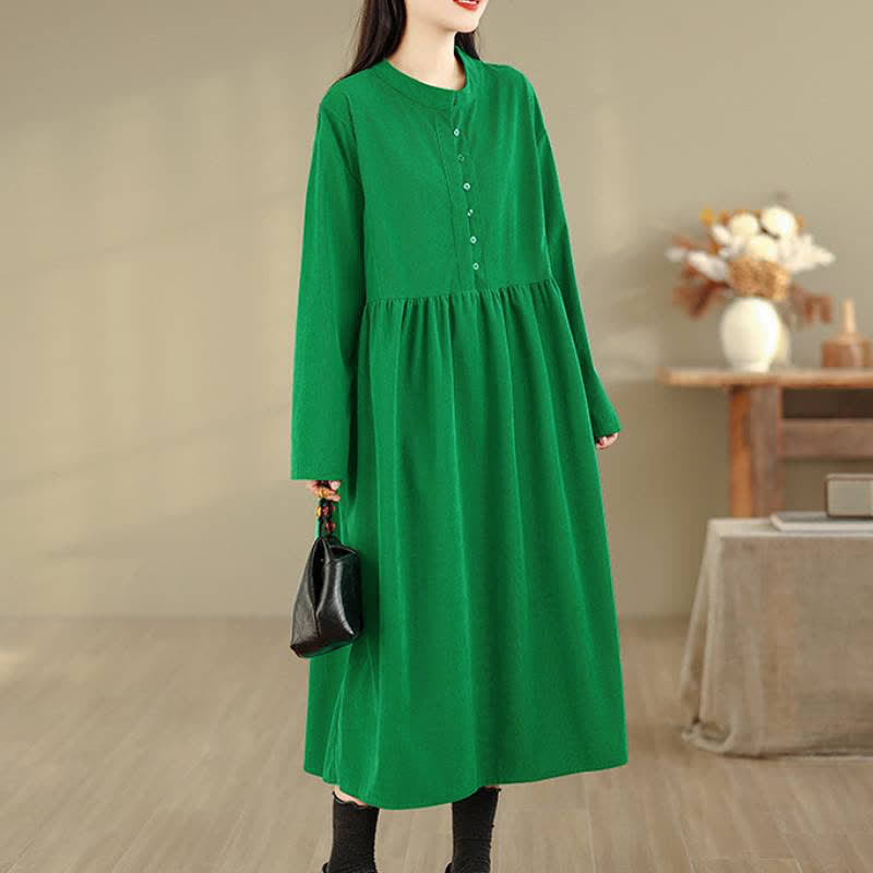 Buddha Stones Fall Casual Minimalist Button-Up Solid Crew Neck Women's Long Sleeve Dress With Pocket - image 8