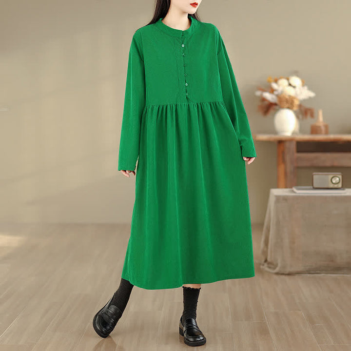 Buddha Stones Fall Casual Minimalist Button-Up Solid Crew Neck Women's Long Sleeve Dress With Pocket - MediumSeaGreen - US8-10, UK/AU12-14, EU40-42 (XL) - image 6