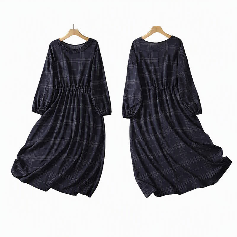 Buddha Stones Spring Fall Casual Vintage MidnightBlue Plaid Women's Long Sleeve Dress - image 3