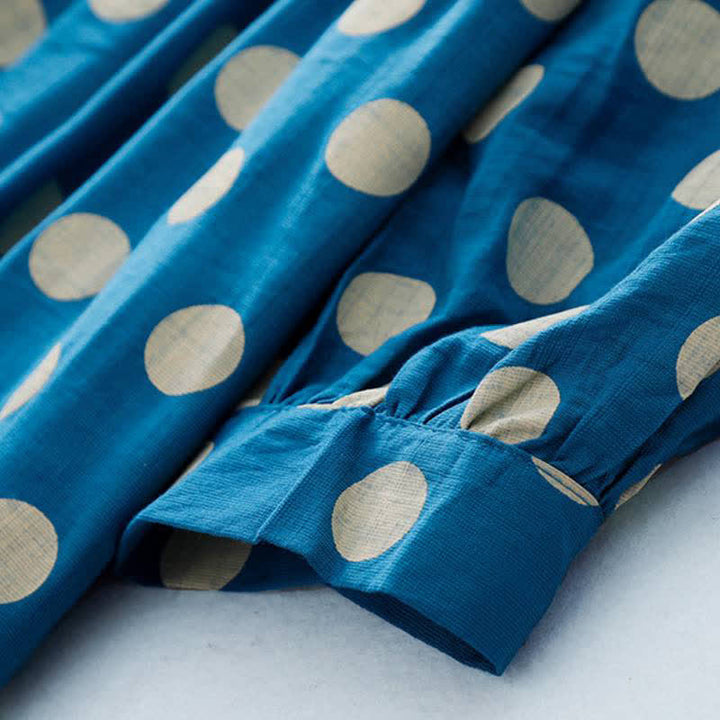 Buddha Stones Spring Casual Vintage Blue White Polka Dot Women's Long Sleeve Dress With Pockets - image 9