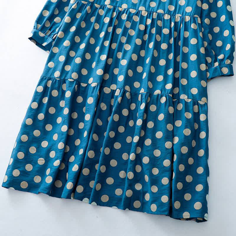 Buddha Stones Spring Casual Vintage Blue White Polka Dot Women's Long Sleeve Dress With Pockets - image 11