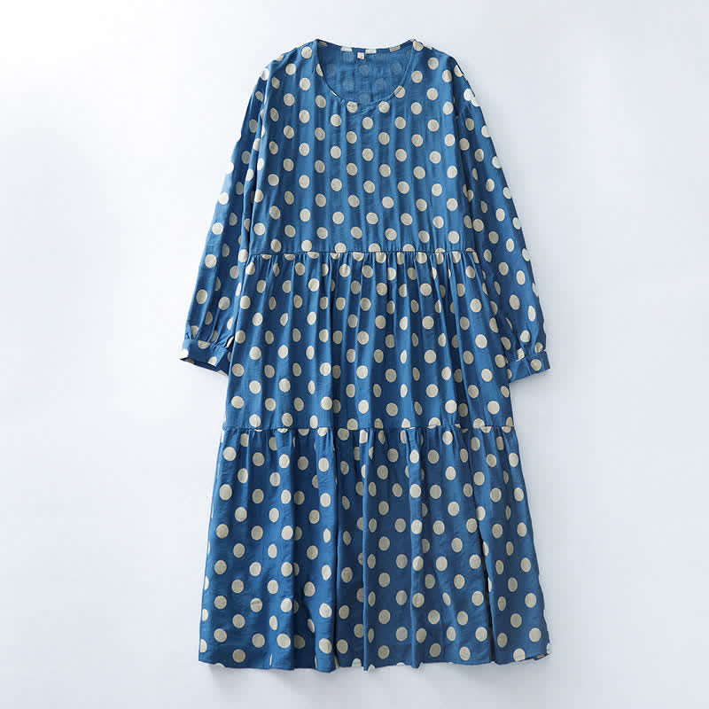 Buddha Stones Spring Casual Vintage Blue White Polka Dot Women's Long Sleeve Dress With Pockets - SteelBlue - US12, UK/AU16, EU44 (2XL) - image 0