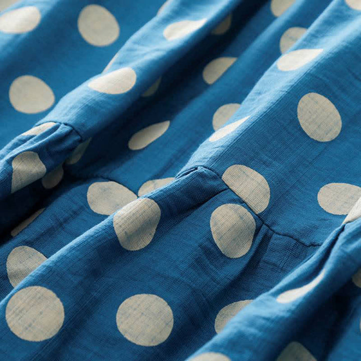 Buddha Stones Spring Casual Vintage Blue White Polka Dot Women's Long Sleeve Dress With Pockets - image 7