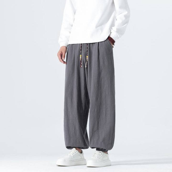 Buddha Stones Spring Summer Casual Minimalist Drawstring Solid Cotton Ankle Pants Men's Tapered Pants With Pockets - image 24