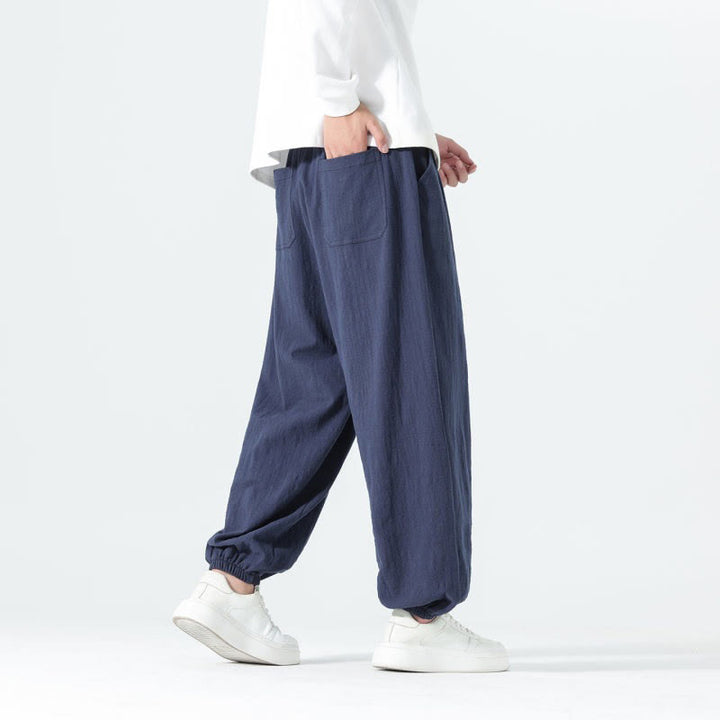 Buddha Stones Spring Summer Casual Minimalist Drawstring Solid Cotton Ankle Pants Men's Tapered Pants With Pockets - image 3