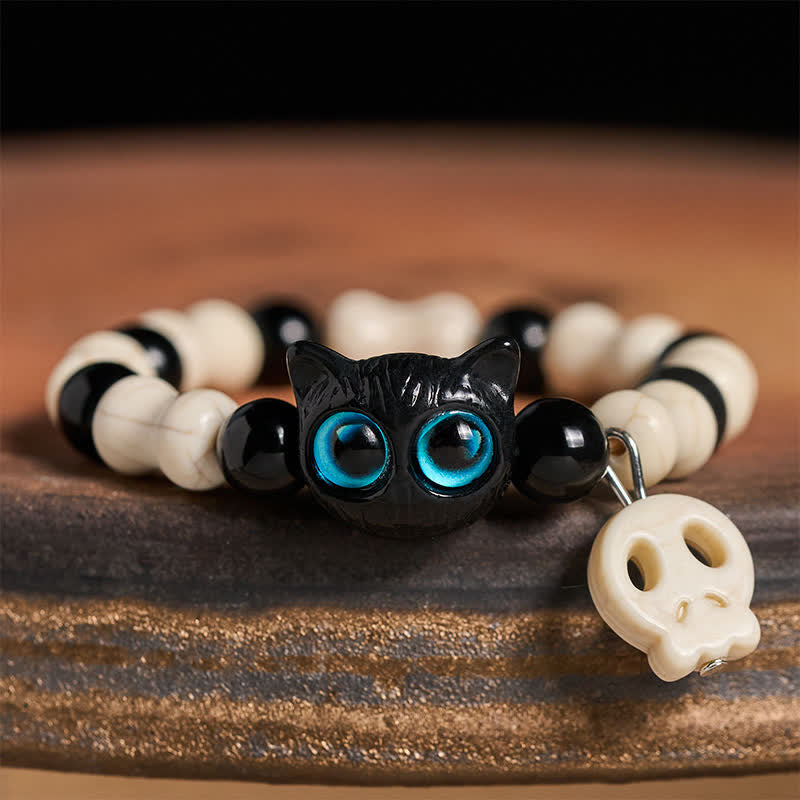 Buddha Stones Skull Black Cat Beaded Strength Bracelet - Blue-Eyed Cat - image 0