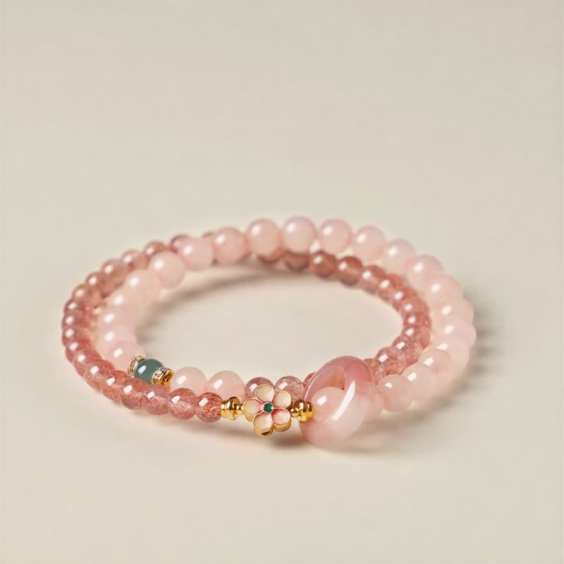 Buddha Stones Natural Strawberry Quartz Rose Quartz Peach Blossom Love Double-wrap Bracelet - Peach Blossom (Wrist Circumference: 5.9–6.3 in/15–16 cm) - image 0