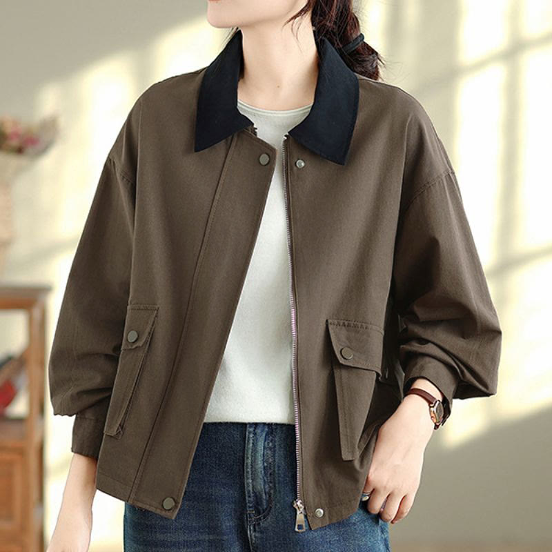 Buddha Stones Spring Fall Retro Minimalist Solid Women's Jacket With Pocket - image 3