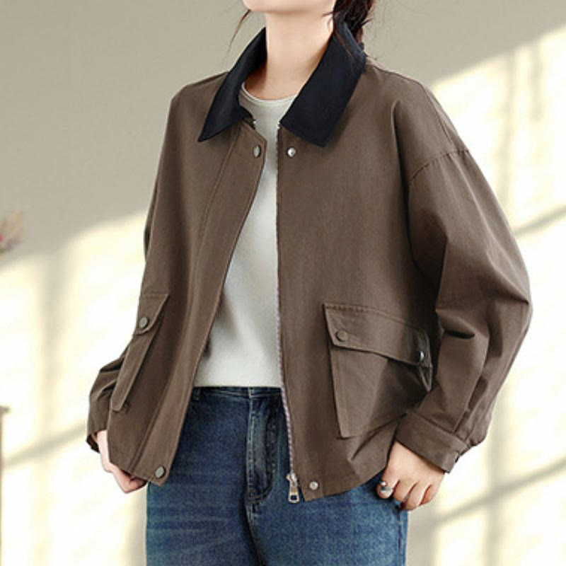 Buddha Stones Spring Fall Retro Minimalist Solid Women's Jacket With Pocket - image 4