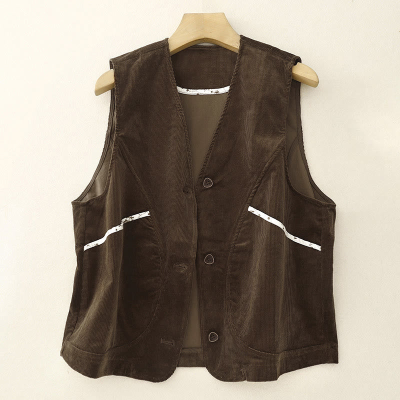 Buddha Stones Fall Winter Vintage Casual V-Neck Button-Up Solid Corduroy Tank Top Women's Vests With Pocket - SaddleBrown - US8-10, UK/AU12-14, EU40-42 (2XL) - image 0