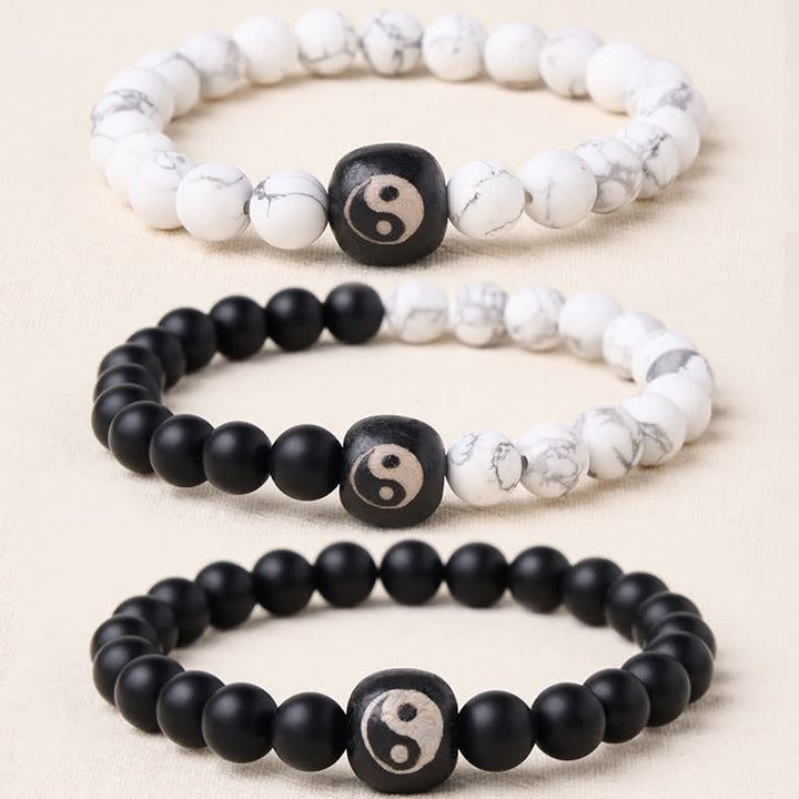 Buddha Stones Black Onyx White Turquoise Yin Yang Balance Round Bead Bracelet - image 0